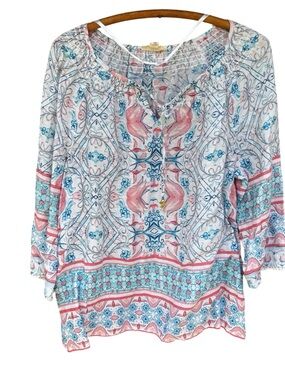 LINEN CHARTERCLUB Women's Printed Peasant Blouse Tunic Size L